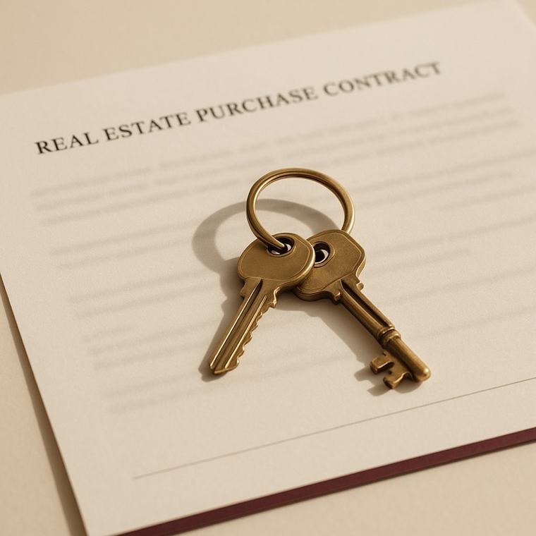 Real estate purchase contract with house keys